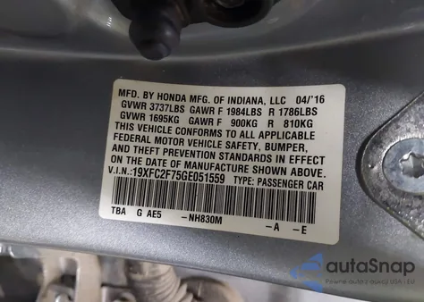 2016 Honda Civic Ex z USA, uszkodzony, nr VIN 19XFC2F75GE051559